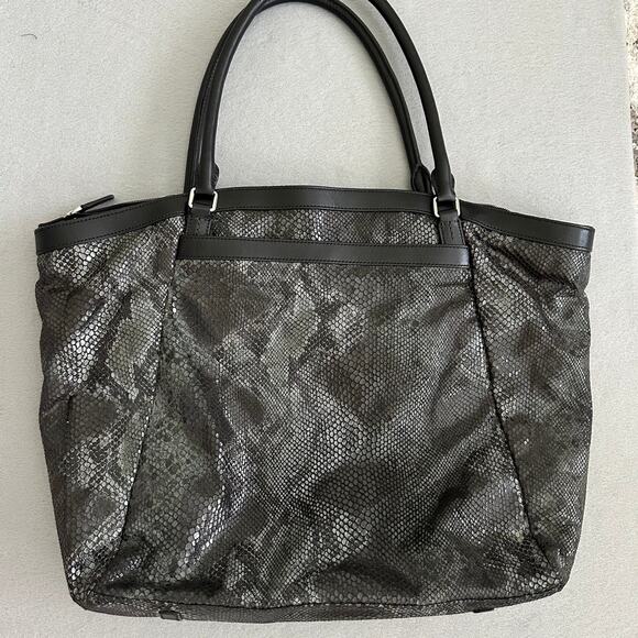 Tumi Snake Print Nylon Travel Tote Leather Trim Black/Gray Large Shoulder Bag - Picture 7 of 15